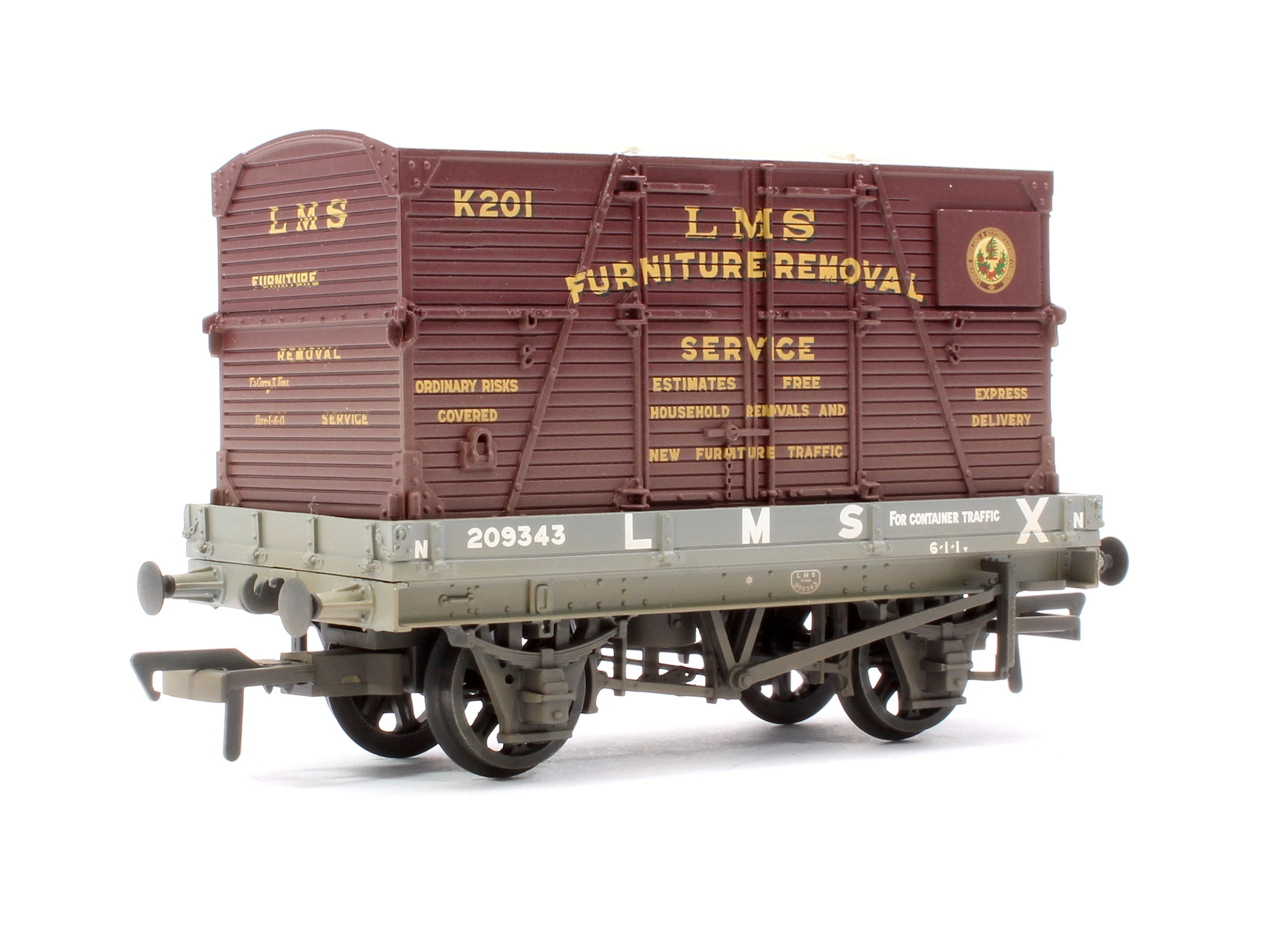 37-482A 1 Plank Wagon LMS Grey 'Furniture Removal Service' (with Crimson Container) No.209343 - Weathered - Image 3