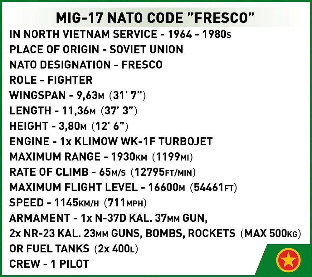 MIG-17 NATO Code F Vietnam War (577 pcs) Model Kit - Image 9