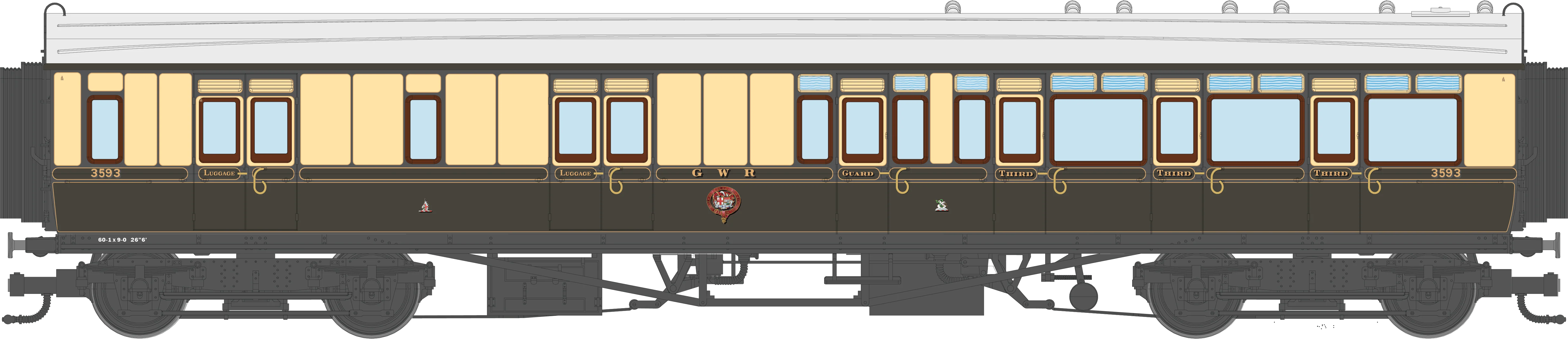 4P-021-105 GWR Corridor Toplight 1925 Lined Chocolate & Cream Brake Third RH 3593