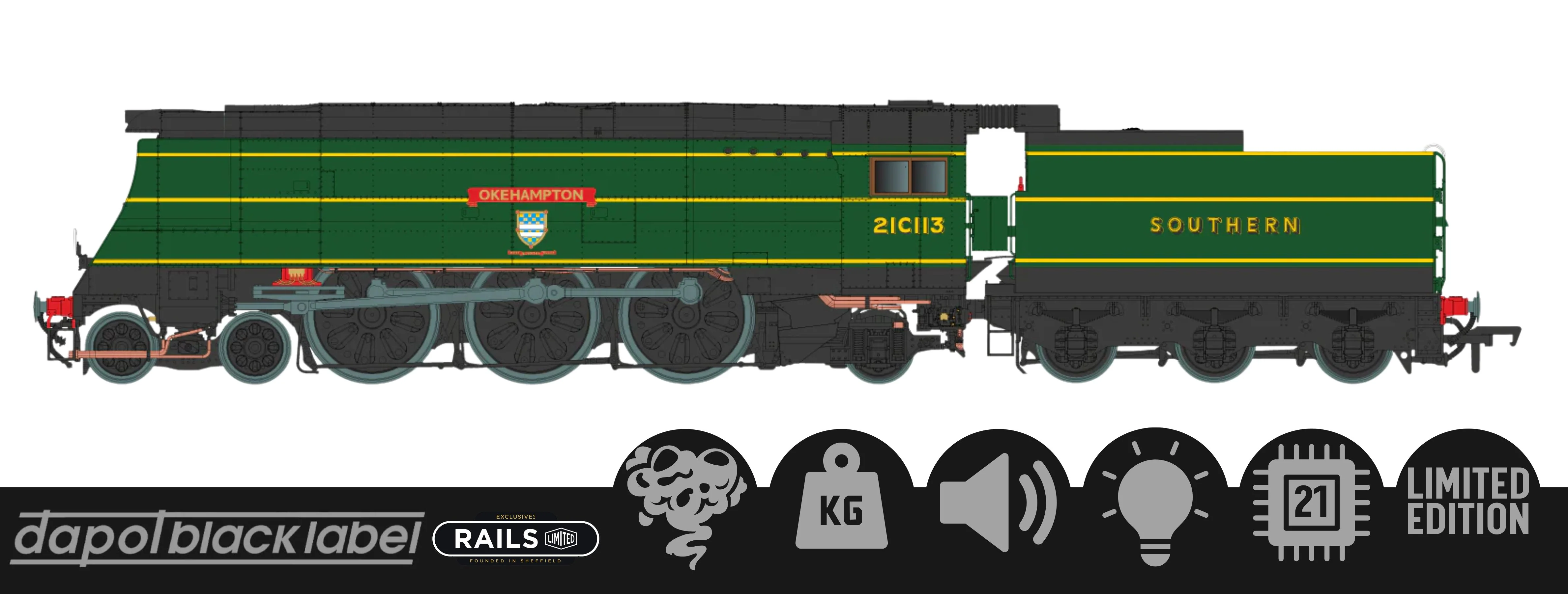 Black Label West Country Okehampton 21C113 SR Malachite Green Steam Locomotive - DCC Sound & Smoke - Image 13