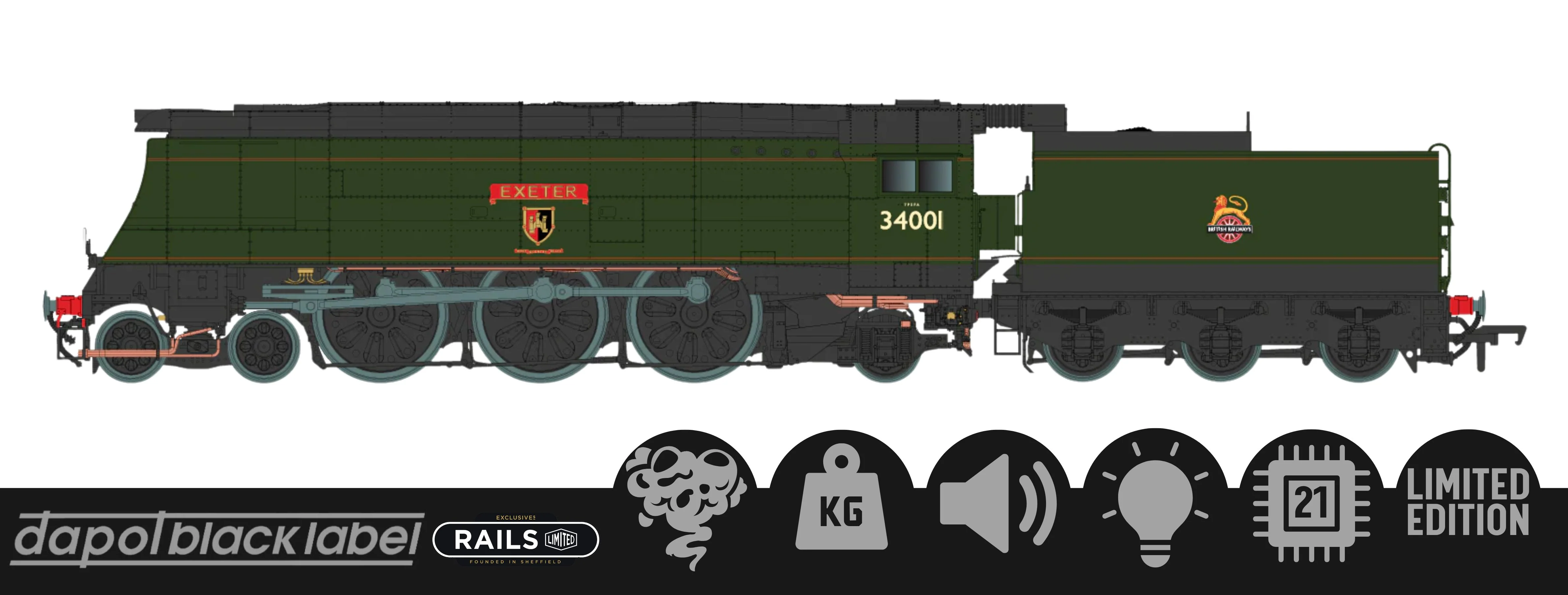 Black Label West Country Exeter 34001 B.R. Green Early Crest Steam Locomotive - DCC Sound & Smoke - Image 13
