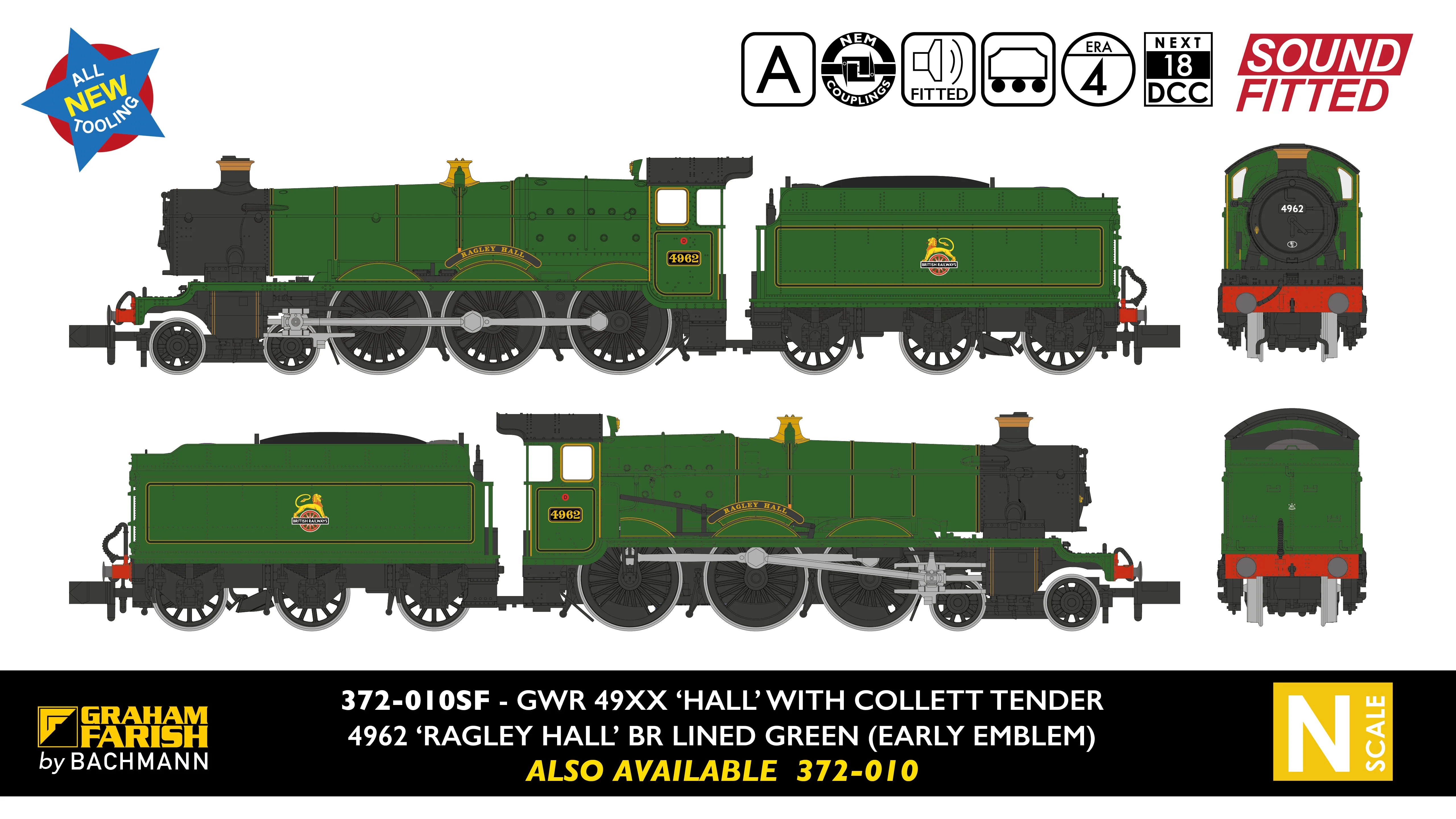 GWR 49XX 'Hall' 4962 'Ragley Hall' BR Lined Green (Early Emblem) Steam Locomotive - DCC Sound - Image 9