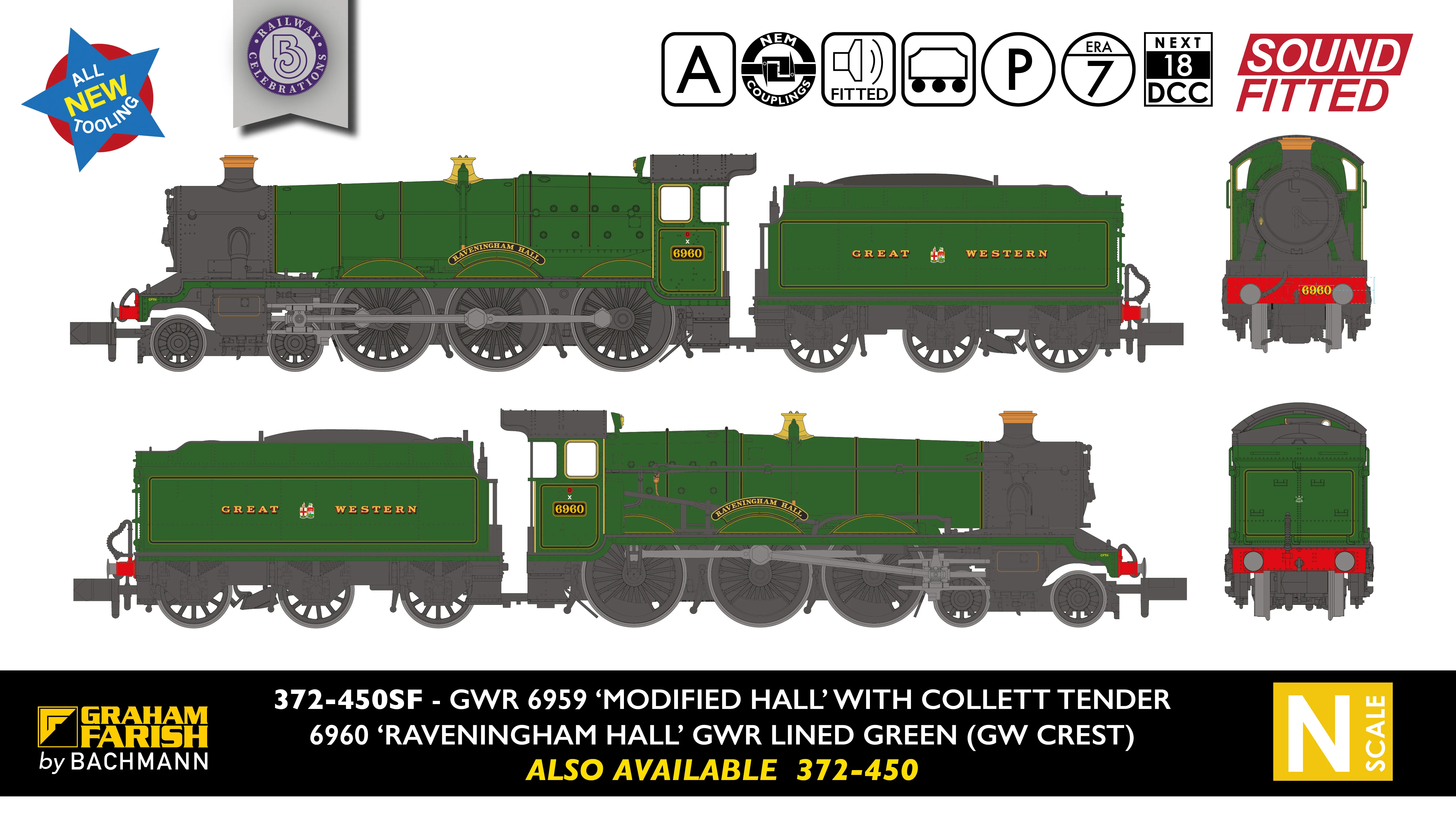 GWR 'Modified Hall' 6960 'Raveningham Hall' GWR Lined Green (GW Crest) Steam Locomotive - DCC Sound - Image 8