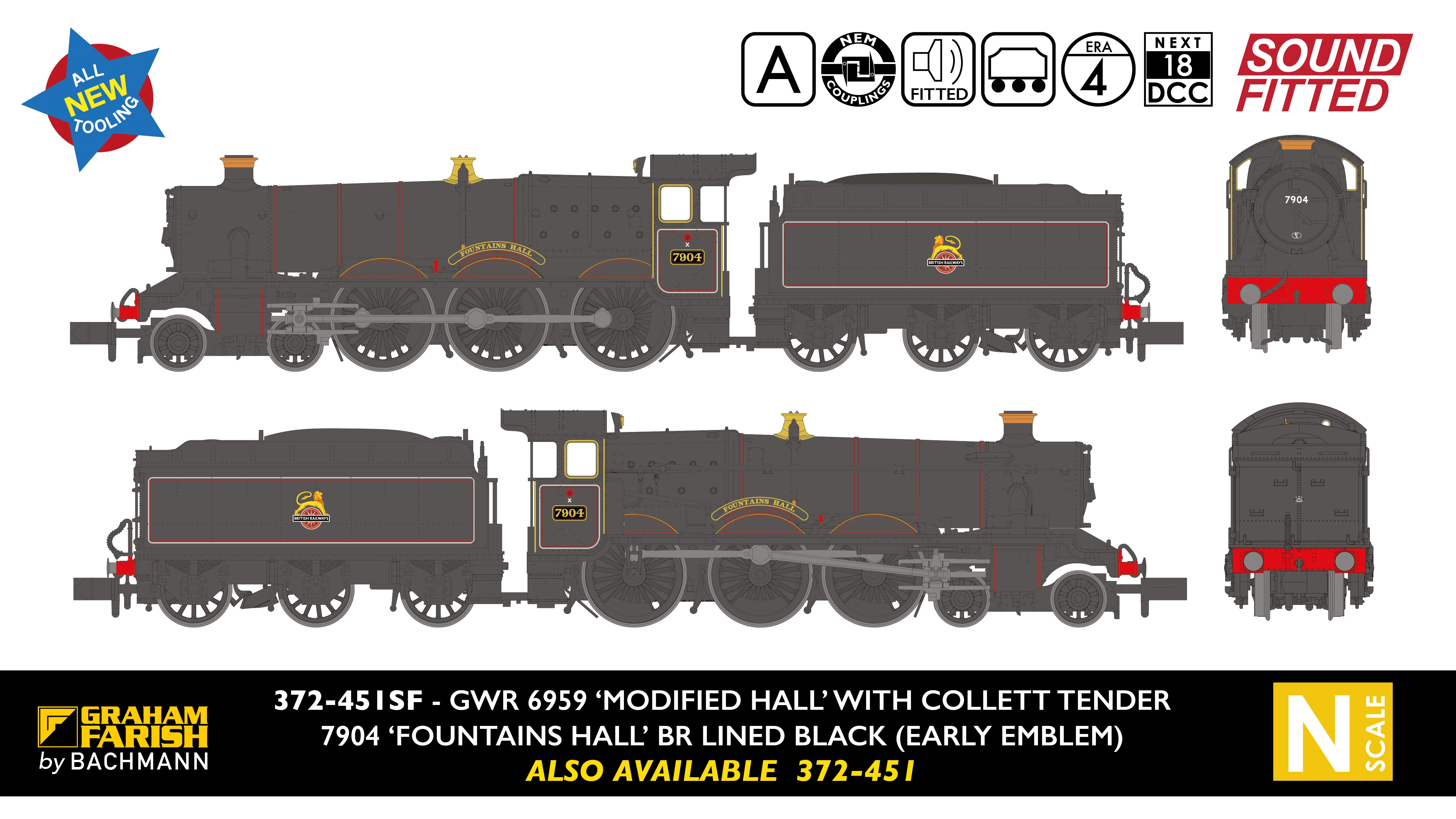 GWR 'Modified Hall' 7904 'Fountains Hall' BR Lined Black (Early Emblem) Steam Locomotive - DCC Sound - Image 10