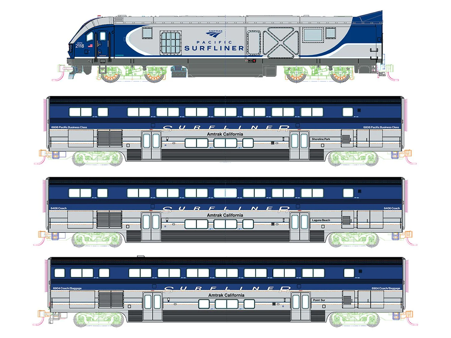 Amtrack SC-44 Surfliner 4 Car Train Pack - DCC-Fitted