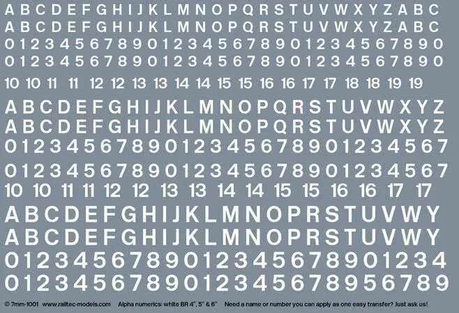 Numeric / Alphabet Sheet: White BR. (2.33mm, 2.9mm and 3.5mm) Transfer