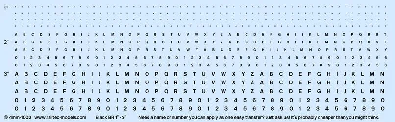 Numeric/Alphabet Sheet: Black BR scale 1" - 3" for OO Gauge Waterslide Decals Transfer