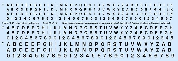 Numeric/Alphabet Sheet: Black BR Scale 4" - 6" for OO gauge Waterslide Decals Transfer