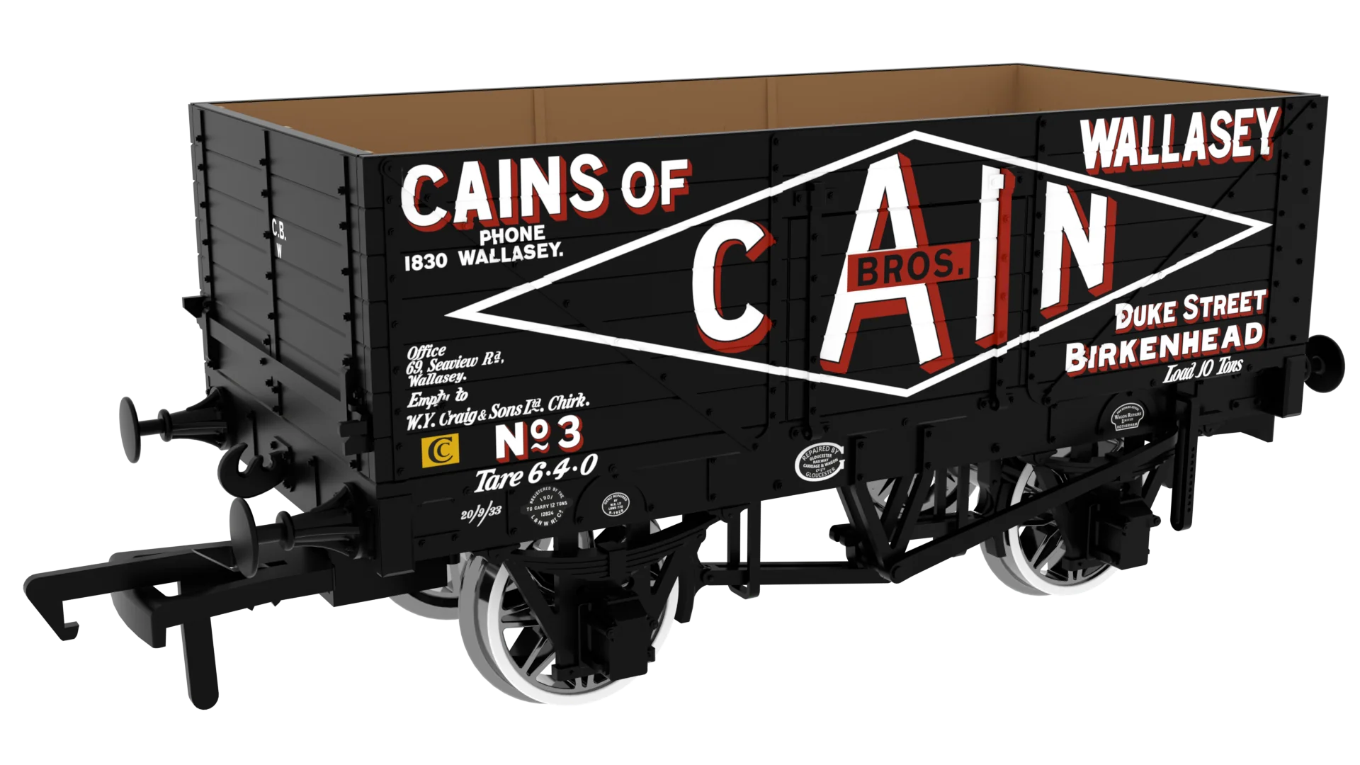 7 Plank 1907 Railway Clearing House Private Owner Open Wagon Cain Bros. No.3