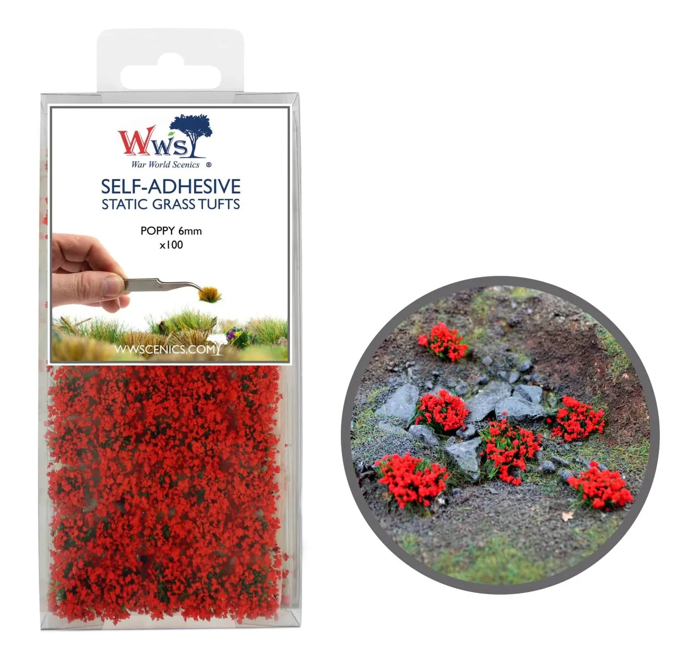 6mm Poppy Self-Adhesive Static Grass Tufts x 100 - Image 2